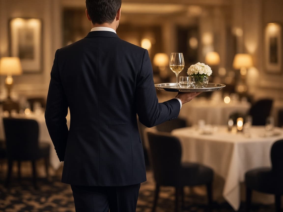 Hotel waiter carrying a tray in an elegant restaurant, seen from behind