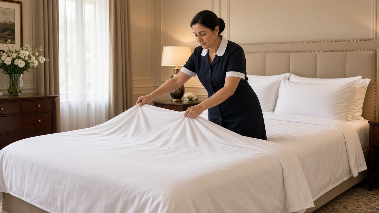 Housekeeper in a neat uniform making a bed in a bright luxury hotel room