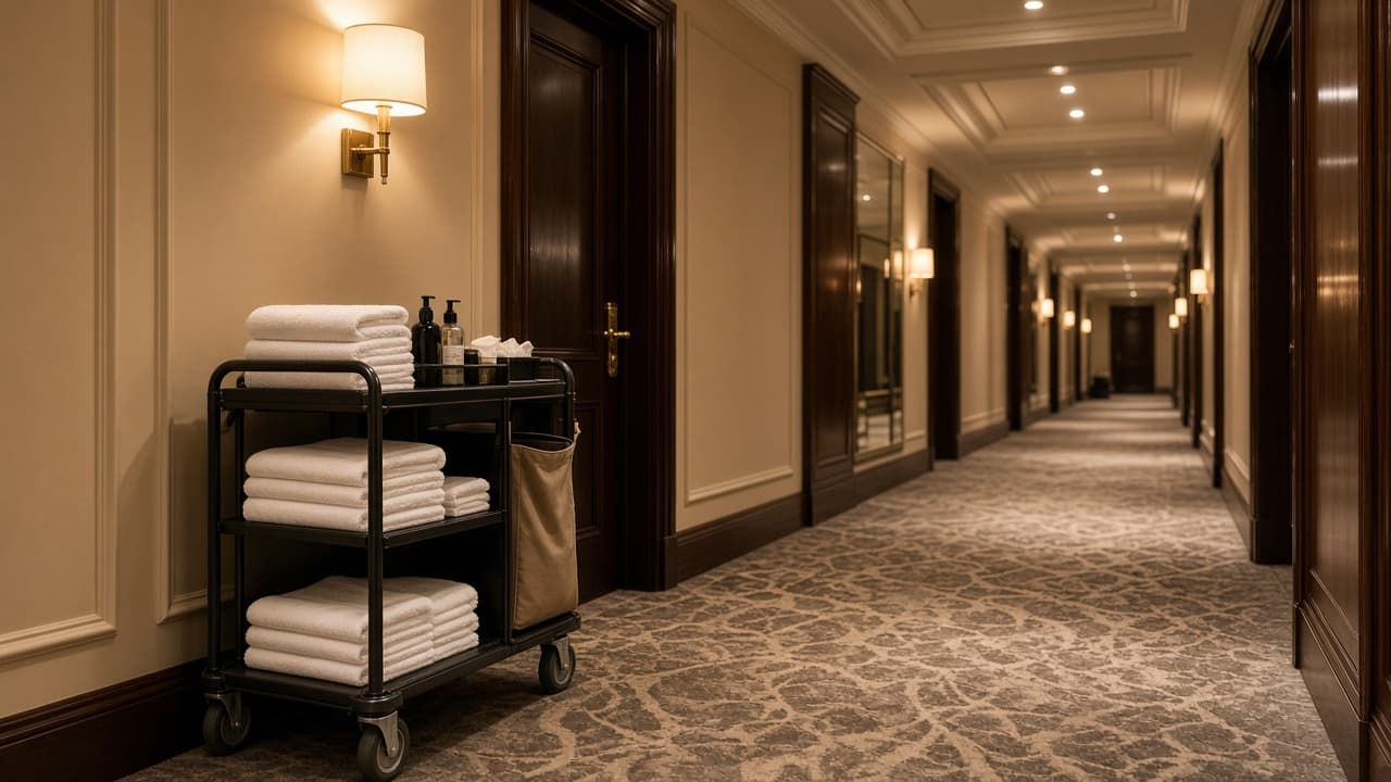 Hotel corridor with a housekeeping trolley, tidy and well lit