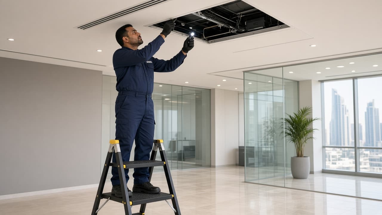 Building maintenance technician inspecting ceiling services