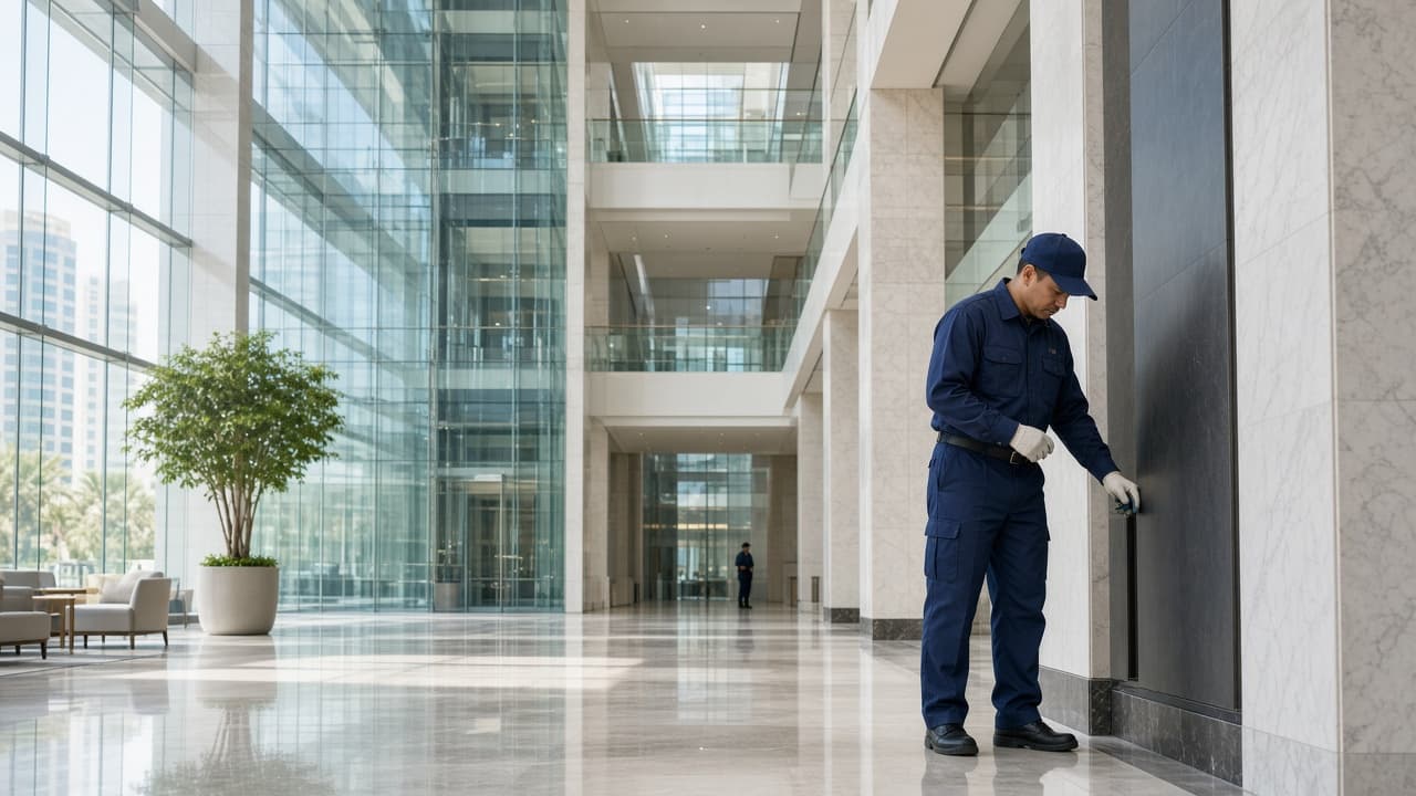 Facilities staff inspecting a modern commercial building atrium