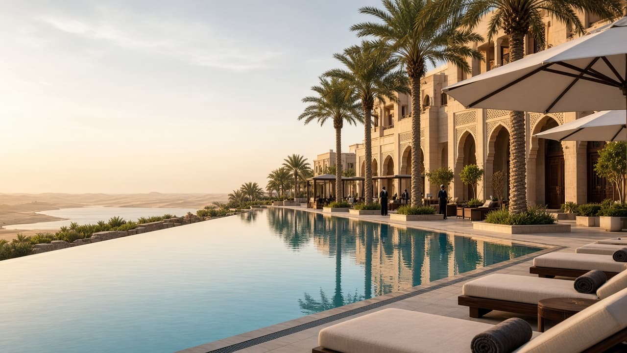Luxury resort pool terrace in warm early morning light