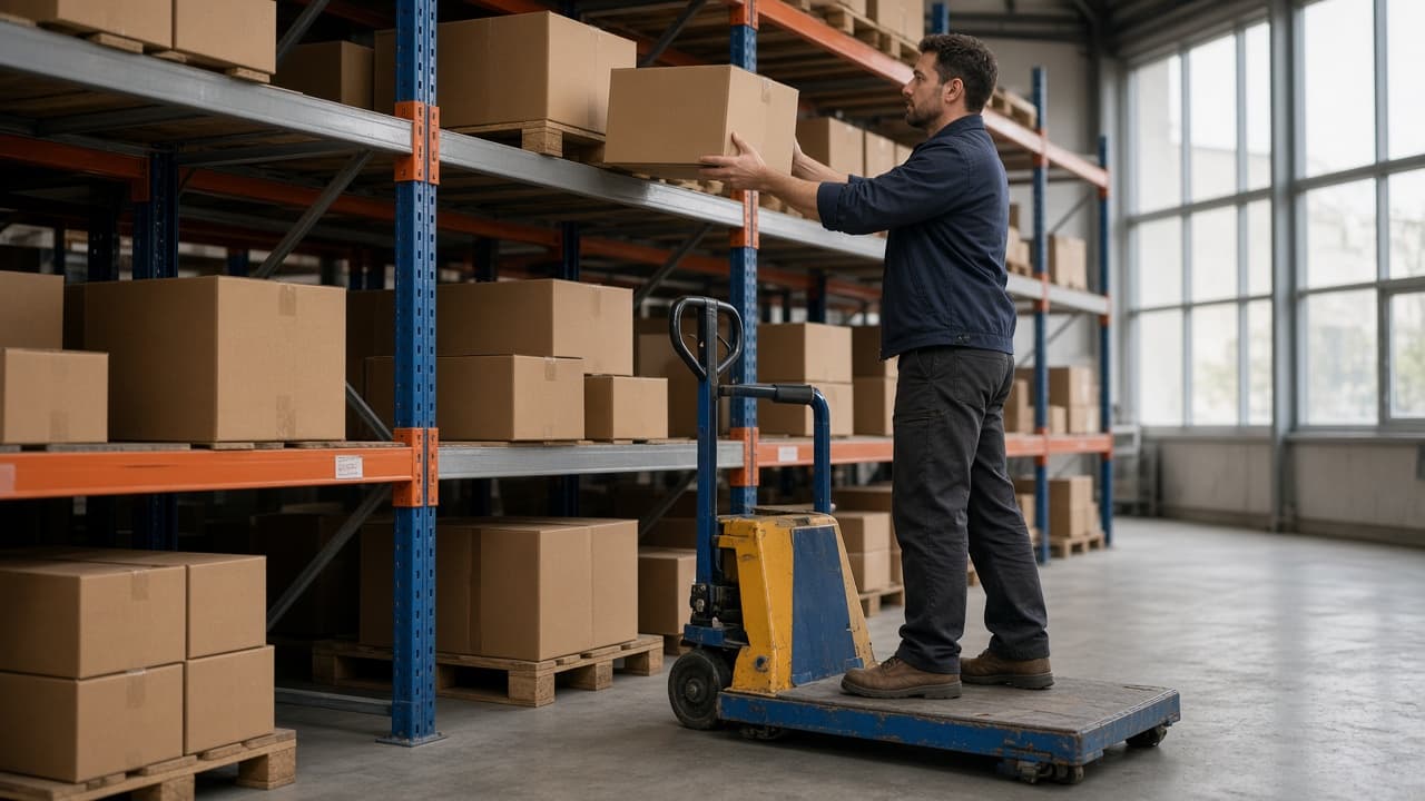 Warehouse worker stacking boxes on shelves