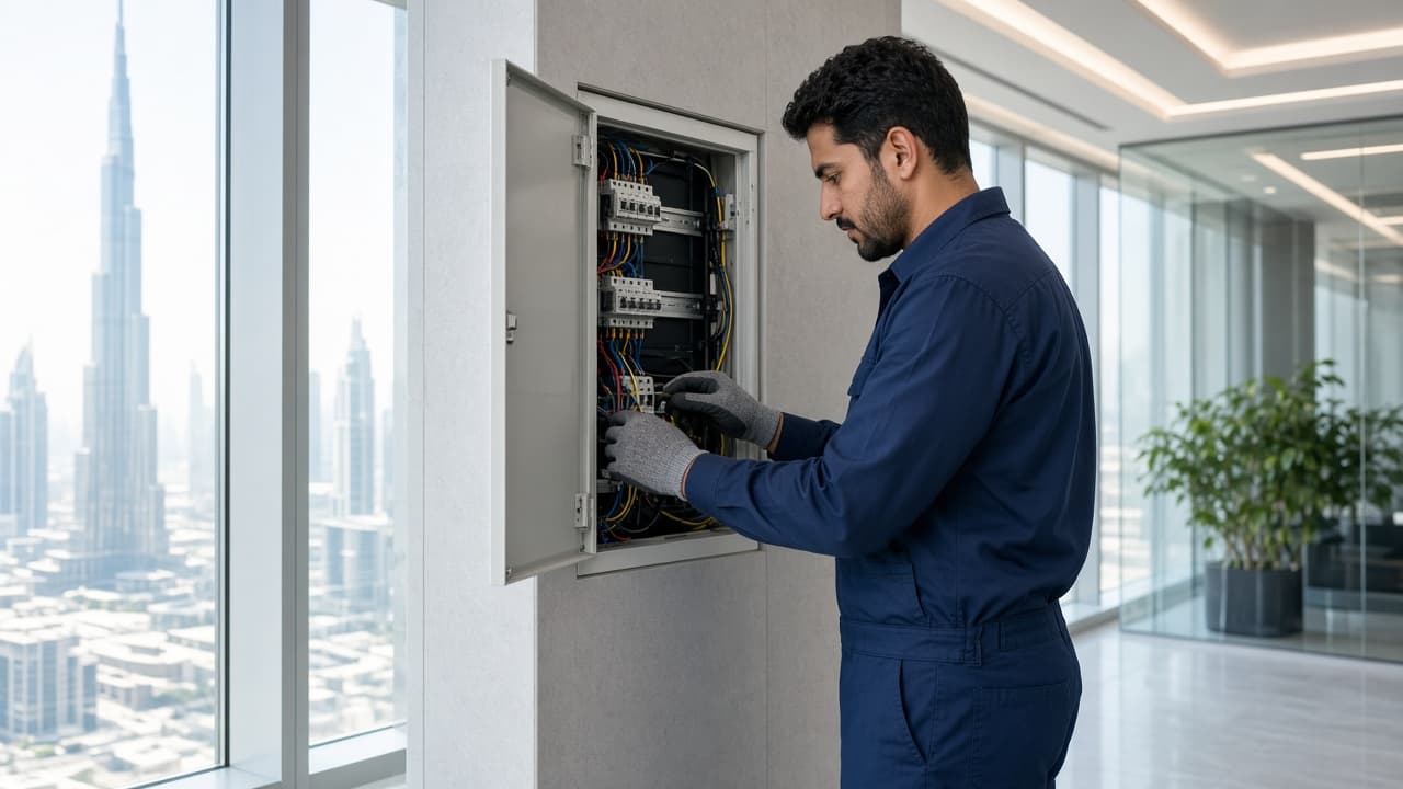 Electrician checking a wall panel in a bright UAE office