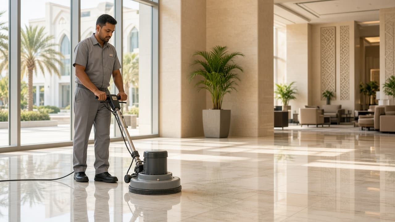 Professional cleaner polishing the floor of a modern commercial lobby