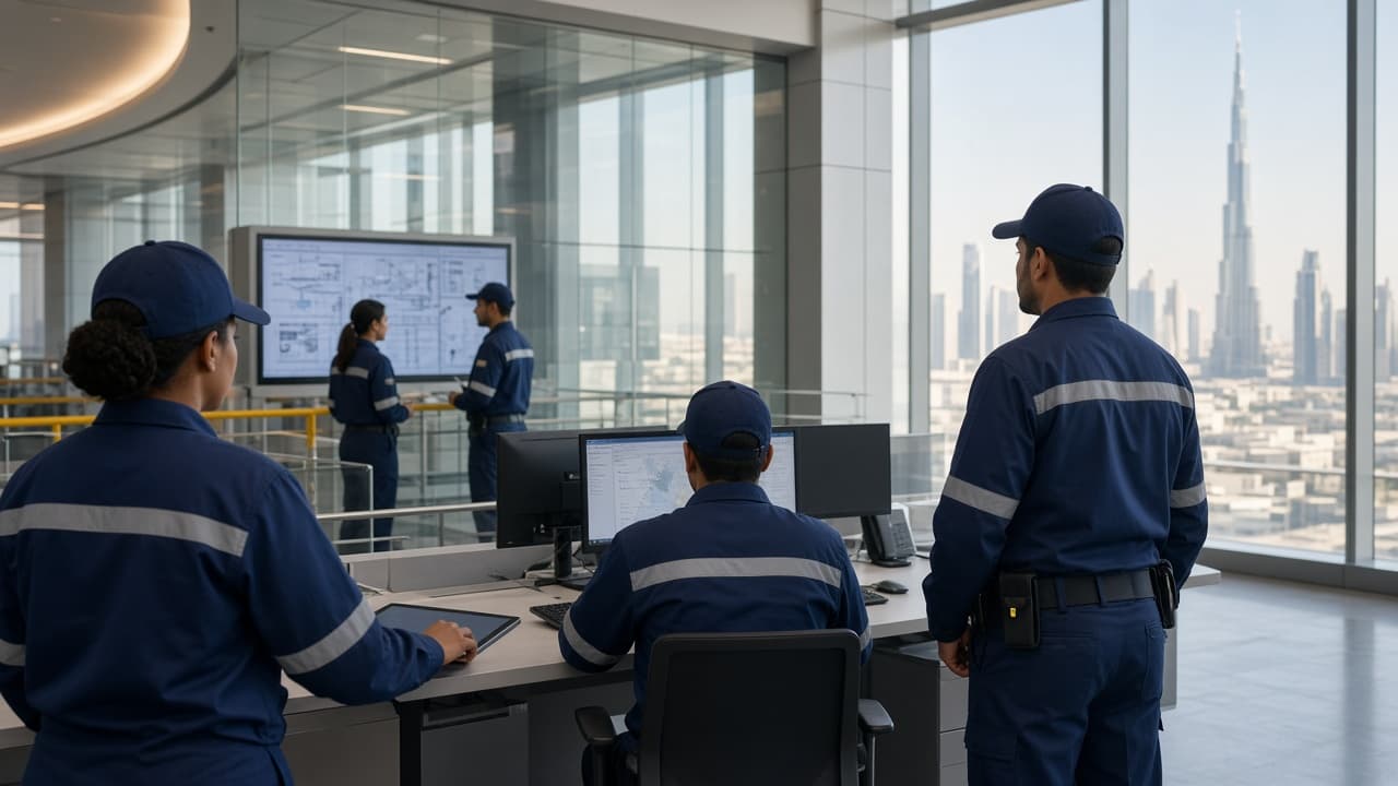 Workforce team coordinating operations in a modern business facility