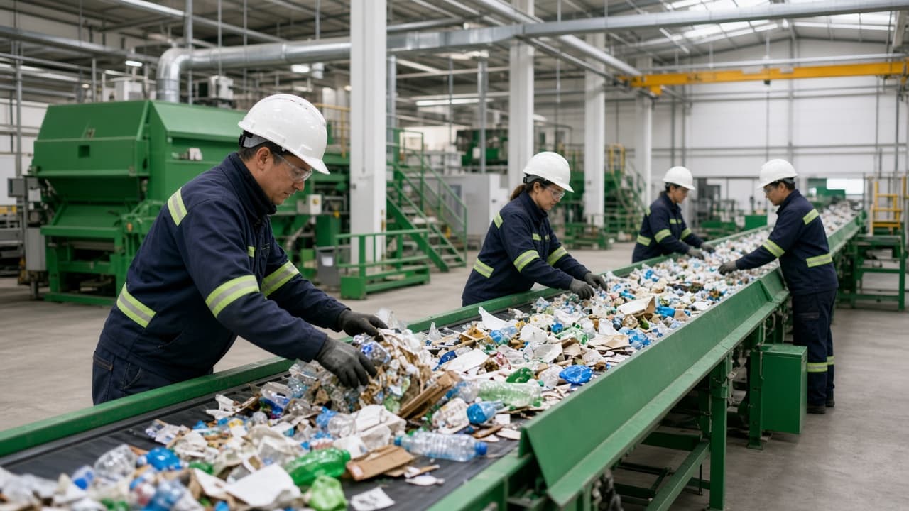 Workers sorting recyclable materials at a modern recovery facility