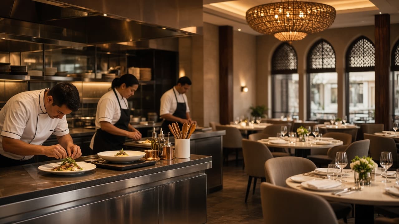 Restaurant staff preparing an elegant dining room before opening